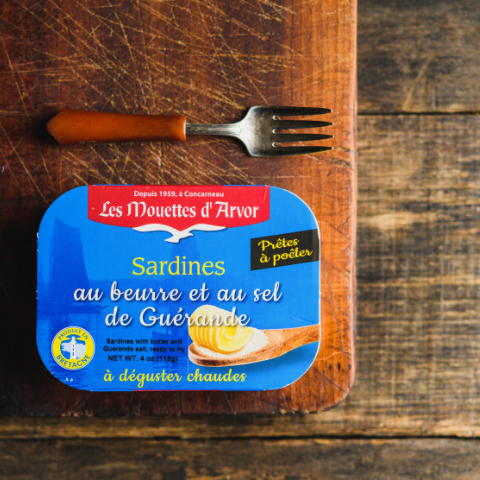 Les Mouettes d'Arvor Sardines with Butter and Guerande Sea Salt.